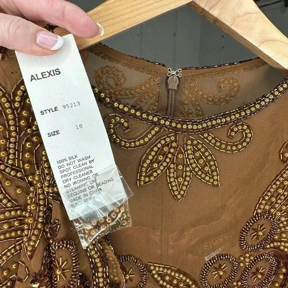 Alexis Womens 18 Elegant brown long sleeve silk beaded upper formal dress‎ NEW - Picture 7 of 10